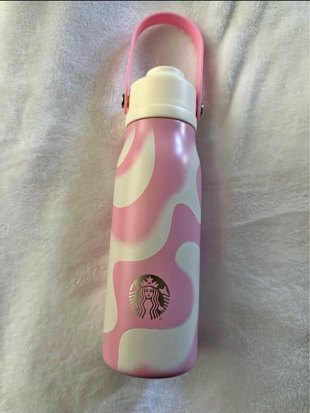 Starbucks Pink & White Swirl Insulated Bottle with Pink Handle